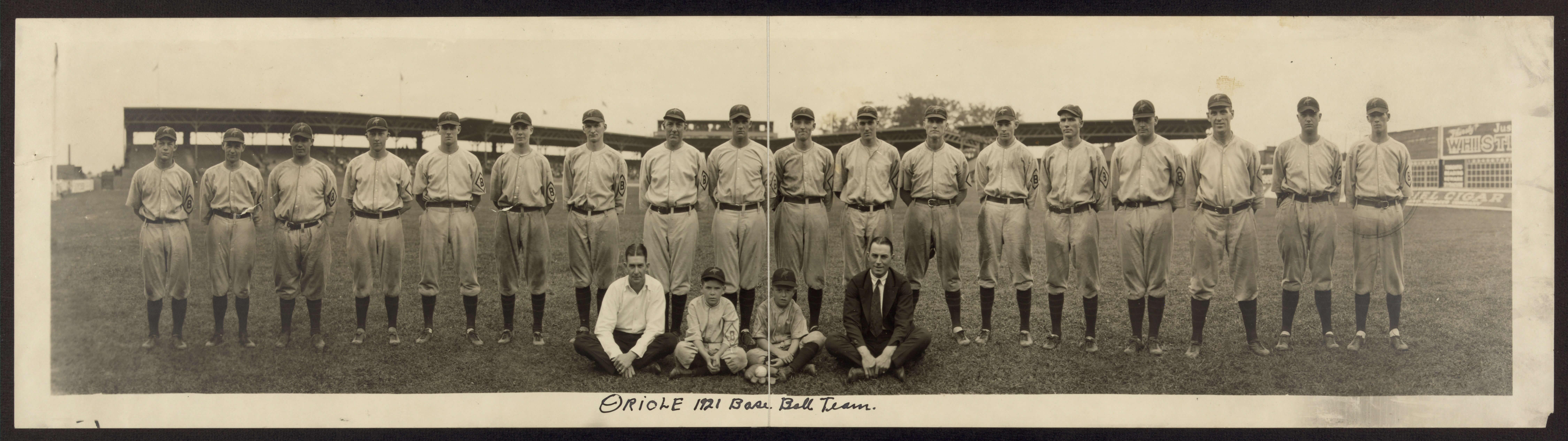 Panoramic team photo of the 1921 Orioles lined up on the field