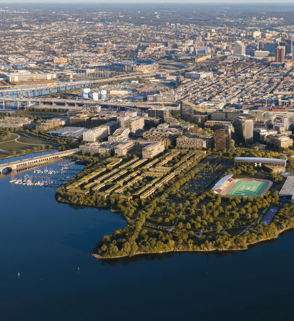 Aerial view of Baltimore city border and water