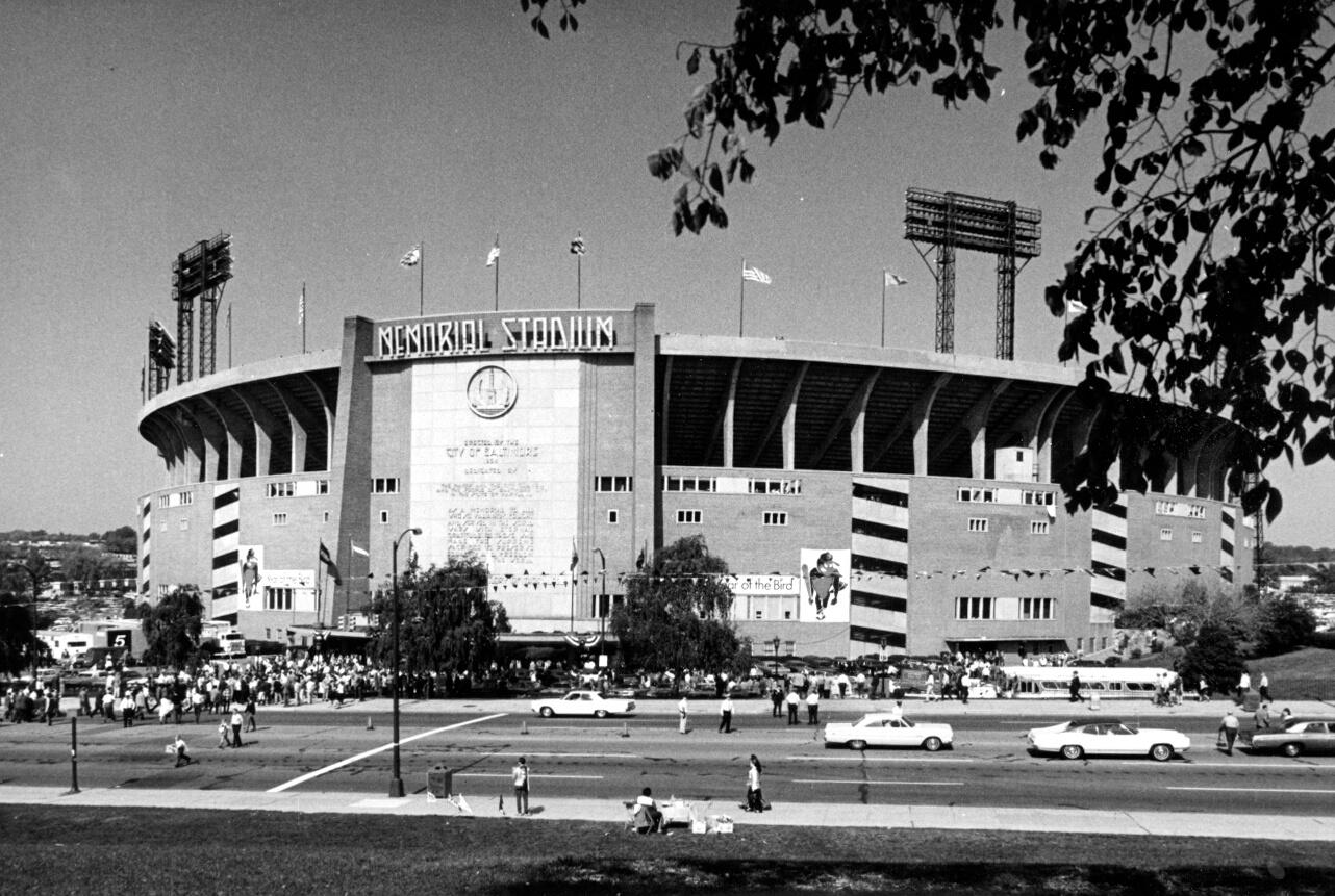 Black and white photo of Memorial Stadium's exterior