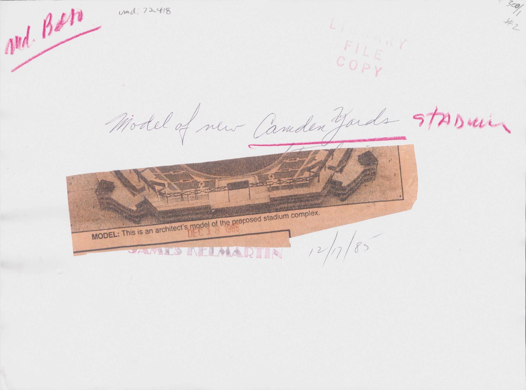 Archival caption sheet with notes and a newspaper clipping