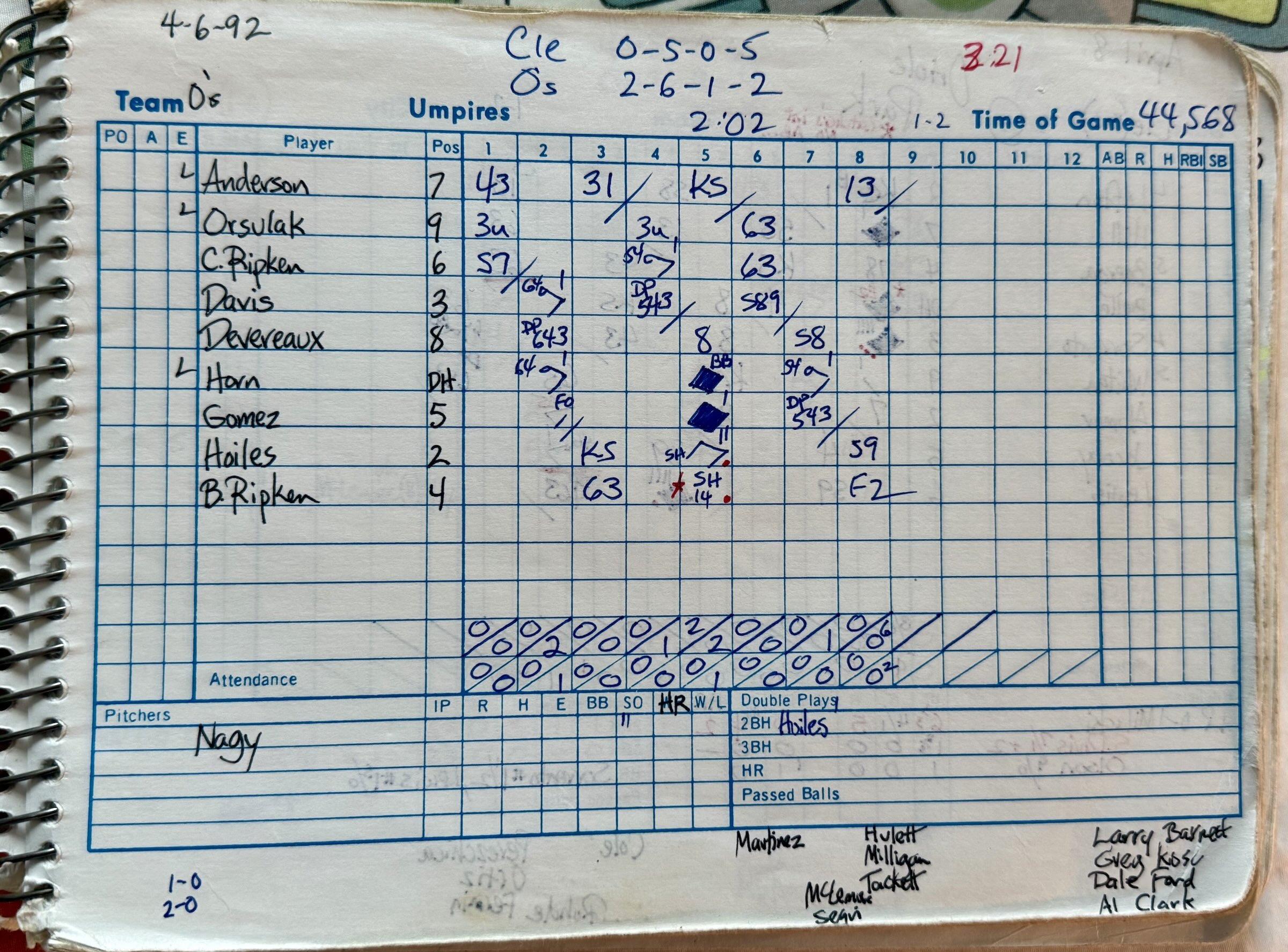 Handwritten notes in a baseball scorebook