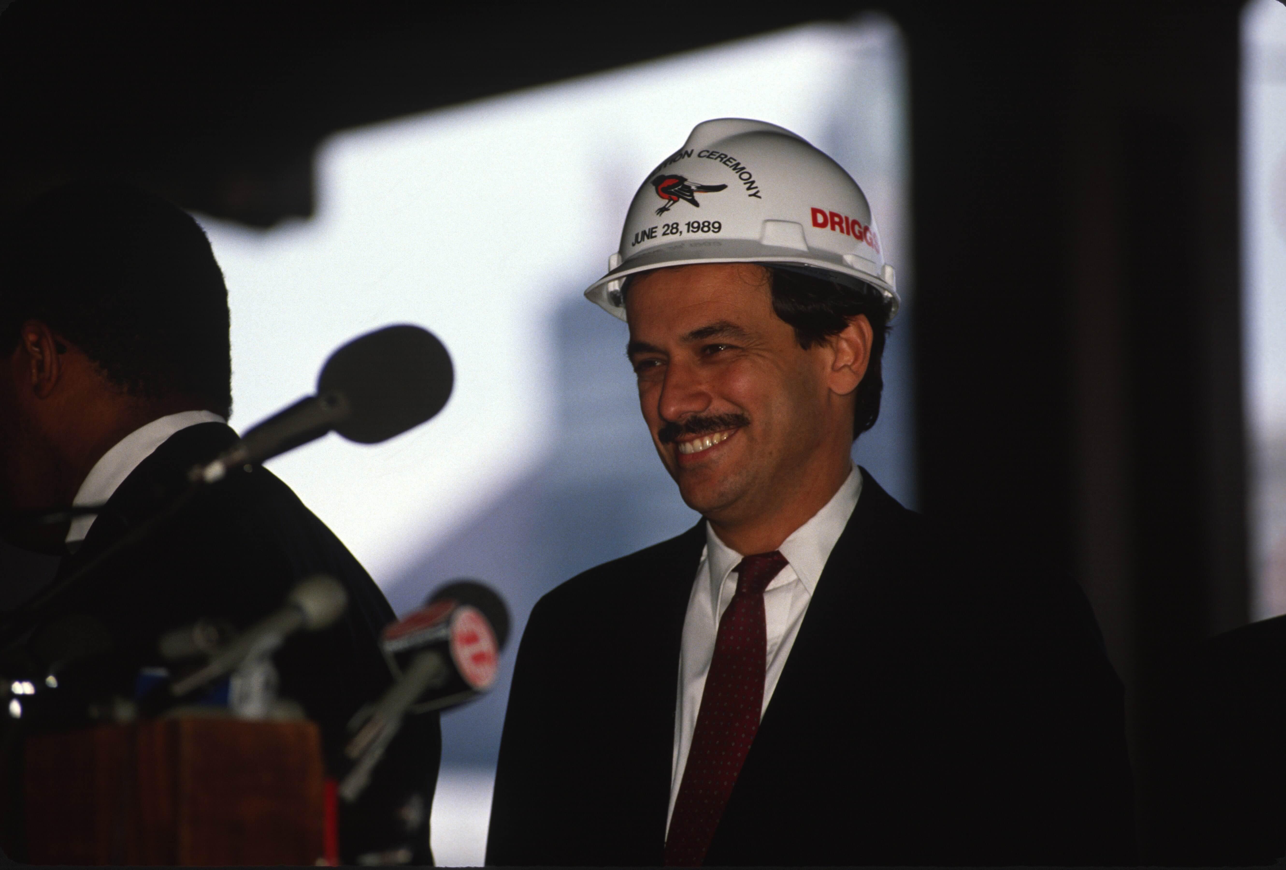 Larry Lucchino with construction hat on