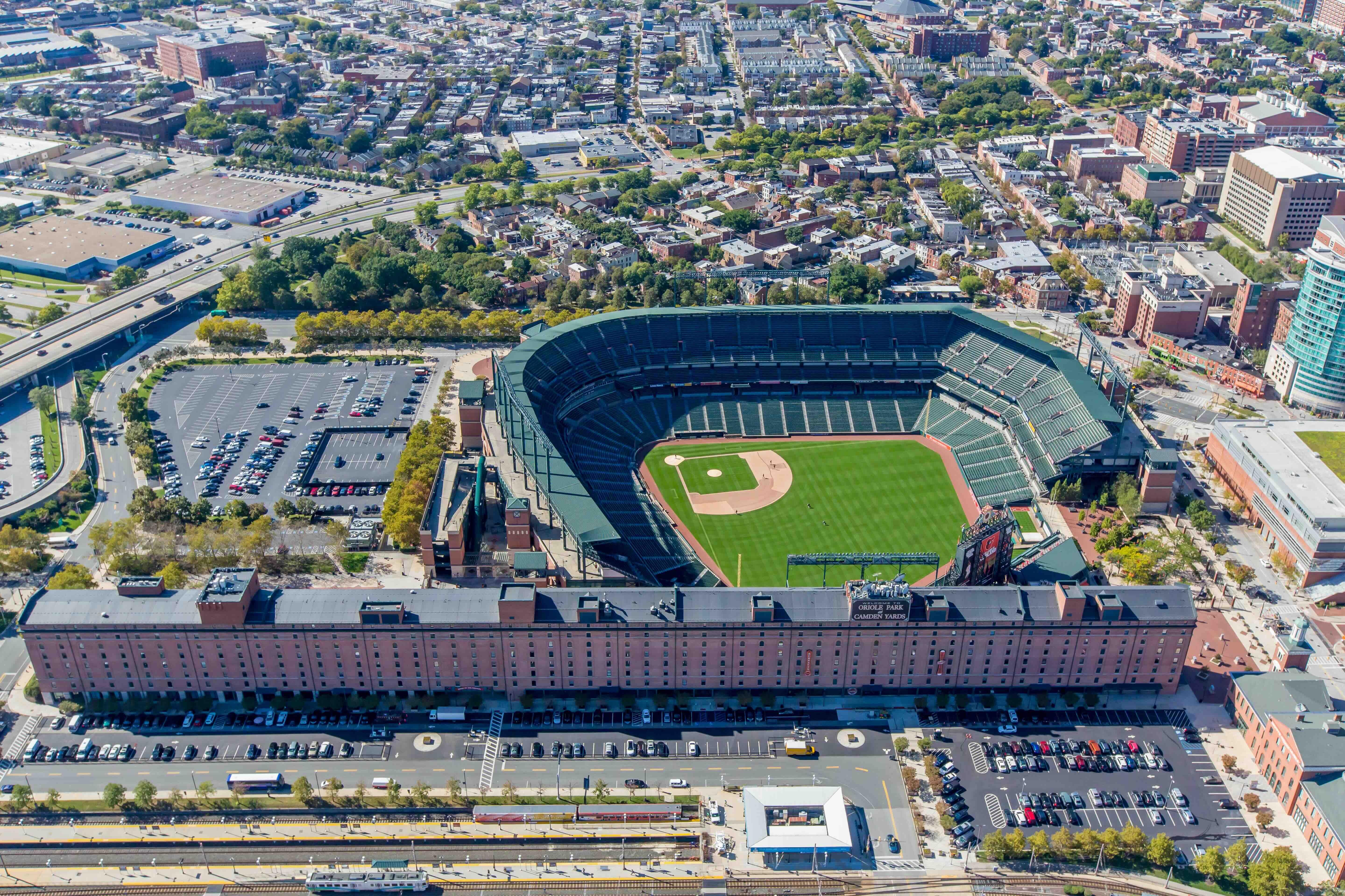 Birds eye view of the stadium on a beautiful, sunny day