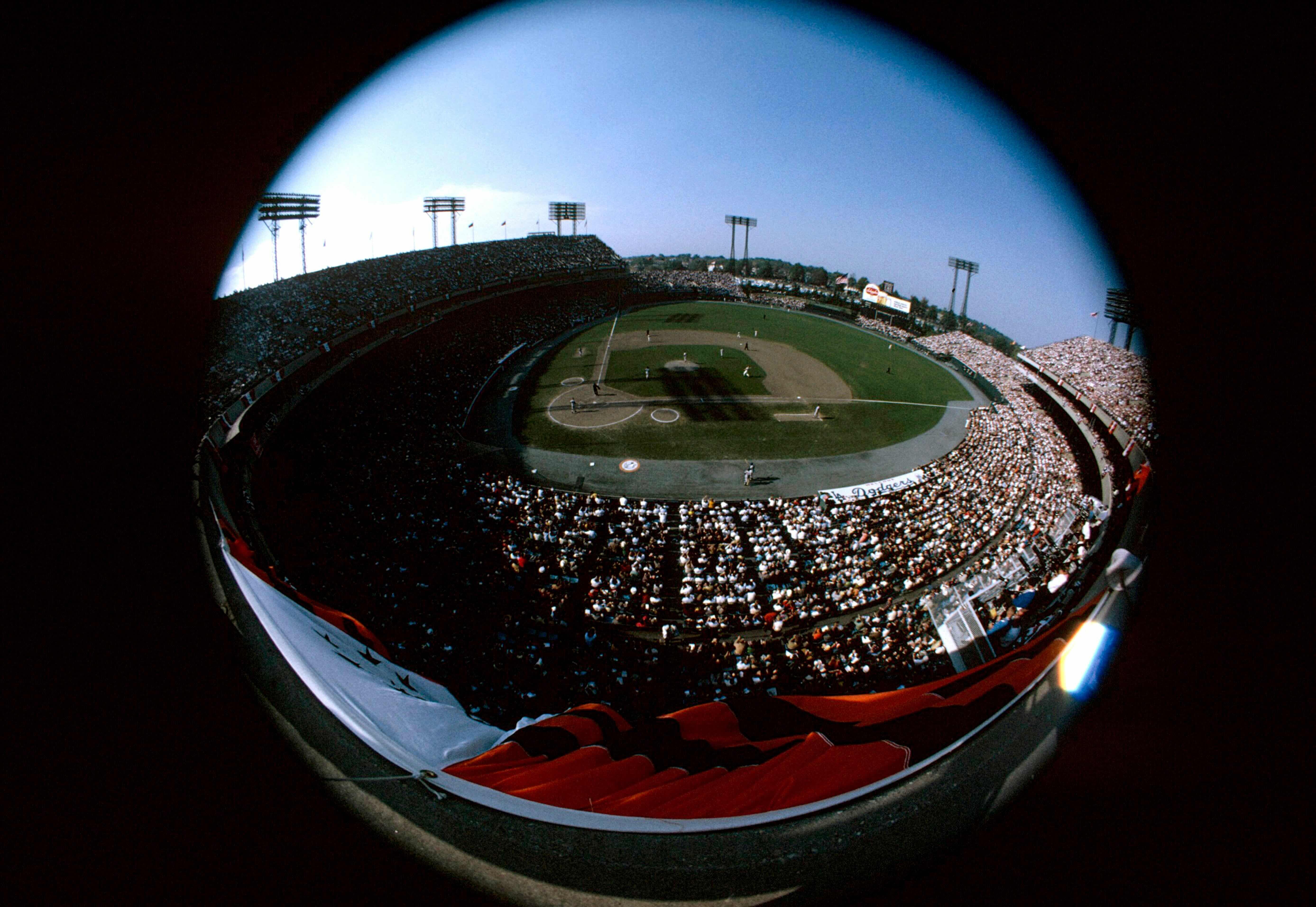 Fisheye view of a packed Memorial Stadium