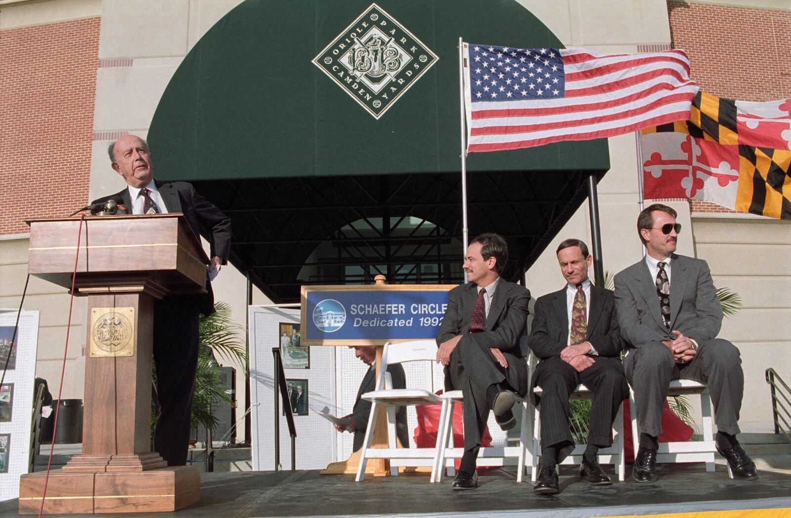 William Schaefer speaks at a podium during a dedication ceremony