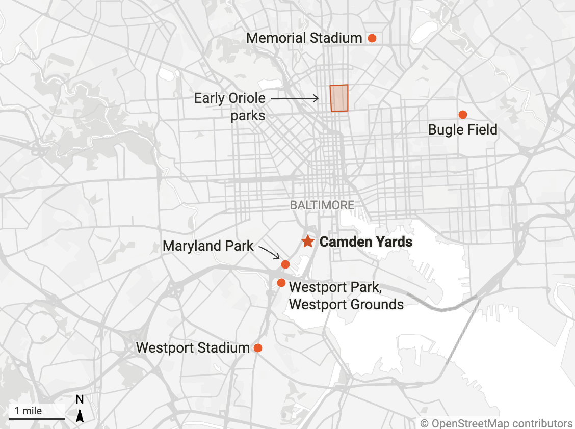 Map of Baltimore highlighting the locations of Camden Yards and historic ballparks including Memorial Stadium, Maryland Park, Westport Park, Westport Stadium, Bugle Field, and early Oriole parks.